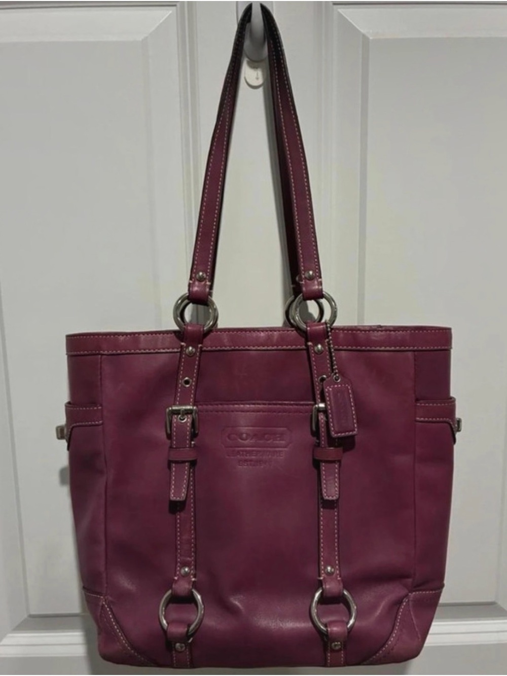 Coach Plum Leather Shoulder Tote with Silver Hardware